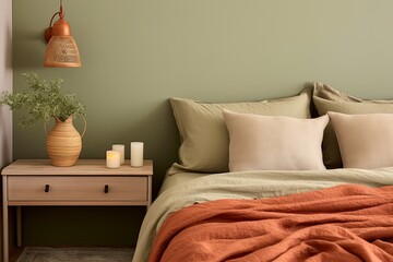 Mediterranean Color Palette: Olive Green Bedspread and Terracotta Lamp Bedroom Inspo - obrazy, fototapety, plakaty