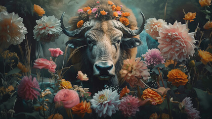 a majestic buffalo adorned with a vibrant array of flowers on its head, presenting a harmonious blend of wildlife and floral beauty.