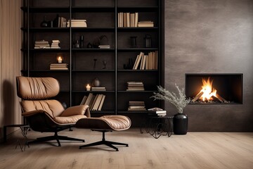 Modern Nordic Fireplace and Bookcase: Metal and Leather Seating Inspiration in Room Design