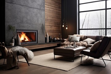 Chic Nordic Fireplace Room: Leather Textures & Metal Seating Concepts