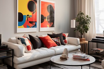 Modern Studio Apartment: Vinyl Seat Furnishings, Art Posters, Contemporary Couch