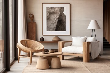 Modern Villa Interior: Wooden and Clay Decor Items, Rattan Chair, Art Posters