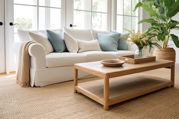 Fototapeta premium Coastal Living Room: Natural Fiber Rugs & Textiles with White Sofa and Rattan Coffee Table