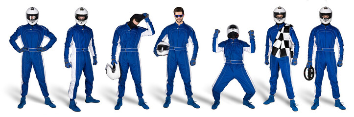 Set Collection of race driver with blue overall saftey crash helmet and chequered checkered flag isolated white background. motorsport car racing sport concept