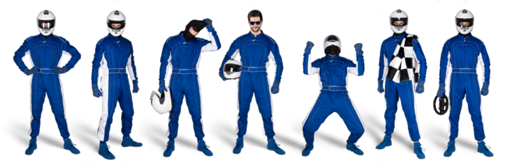 Set Collection of race driver with blue overall saftey crash helmet and chequered checkered flag isolated white background. motorsport car racing sport concept