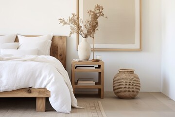 Nordic Bedroom Bliss: Natural Fiber Rugs, Serene White Linens, and Wooden Side Table