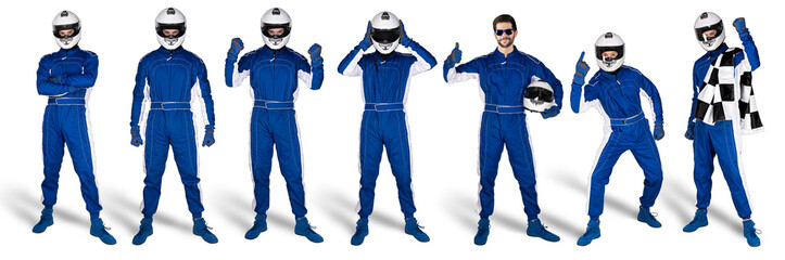 Set Collection of race driver with blue overall saftey crash helmet and chequered checkered flag isolated white background. motorsport car racing sport concept - 751788848