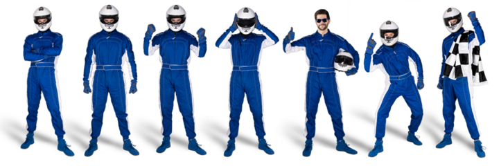 Set Collection of race driver with blue overall saftey crash helmet and chequered checkered flag isolated white background. motorsport car racing sport concept