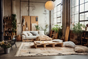 Natural Fiber Rugs and Textiles: Bohemian Wall Hangings on Concrete Floors in Loft Apartment