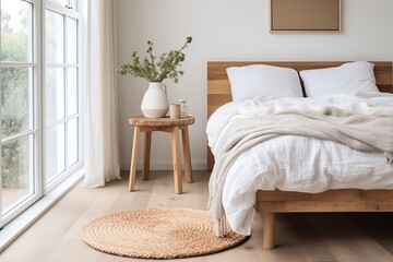 Nordic Bedroom Bliss: Natural Fiber Rugs, Serene White Linens, & Wooden Side Table