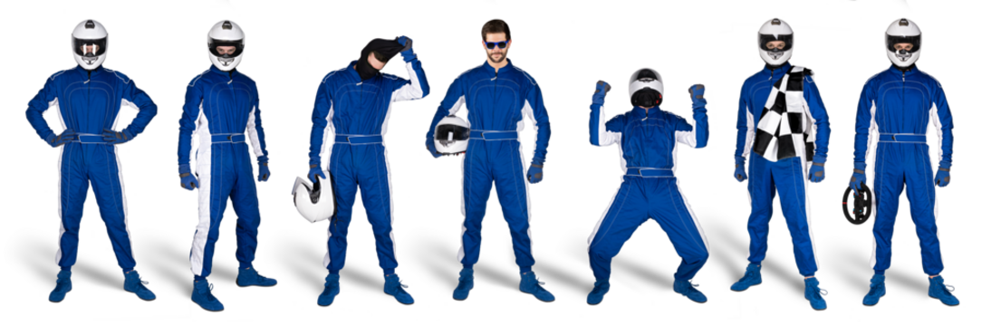 Set Collection of race driver with blue overall saftey crash helmet and chequered checkered flag isolated white background. motorsport car racing sport concept