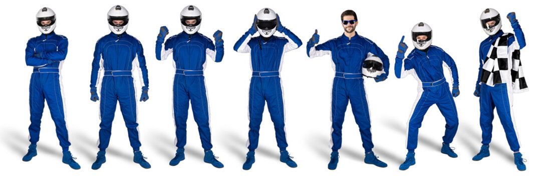 Set Collection of race driver with blue overall saftey crash helmet and chequered checkered flag isolated white background. motorsport car racing sport concept