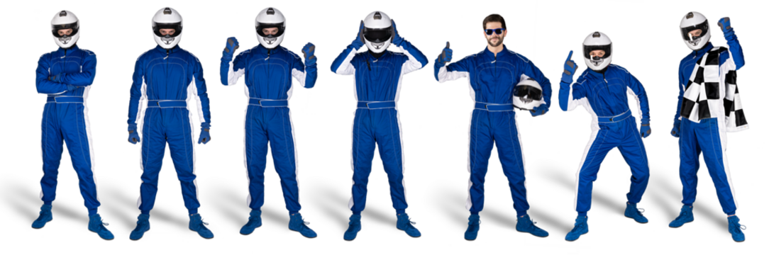 Set Collection of race driver with blue overall saftey crash helmet and chequered checkered flag isolated white background. motorsport car racing sport concept