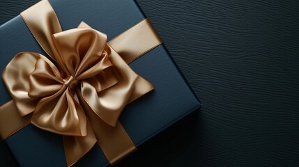 Ein edel verpacktes blaues Geschenk mit goldener Schleife auf dunklem Hintergrund