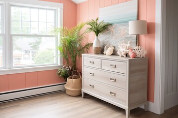 Nautical Themed Bedroom: Coral and Seashell Accents on Dresser with Wooden Floor and Potted Plants