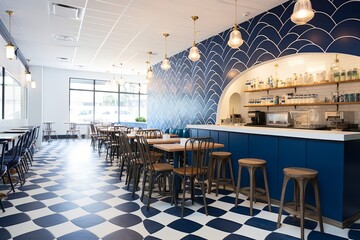 Nautical Vibes: Wave-Patterned Tiles & Navy Blue Decor in a Seaside Cafe - obrazy, fototapety, plakaty