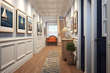 Nautical Color Schemes in Brownstone Entryway: Marine Posters Adorned Nautical-Themed Hallway