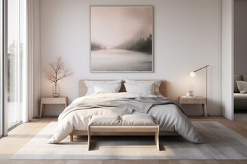 Fototapeta na wymiar Minimalist Bedroom Interior Design with Large Wall Art and Natural Light