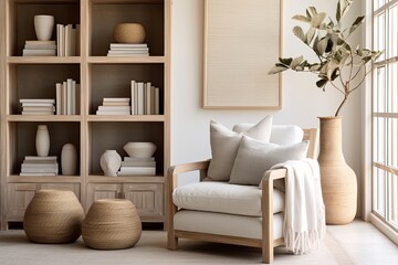 Neutral Color Palette Serenity: Lavish Villa with Shelving Unit and Fabric Lounge Chair - obrazy, fototapety, plakaty