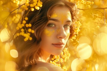 Fototapeta premium Beautiful Woman in Blooming Mimosa Flowers, Large Flowers, Beautiful Princess, Festive Atmosphere