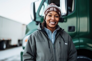 Portrait of a smiling female truck driver in front of truck during winter - obrazy, fototapety, plakaty