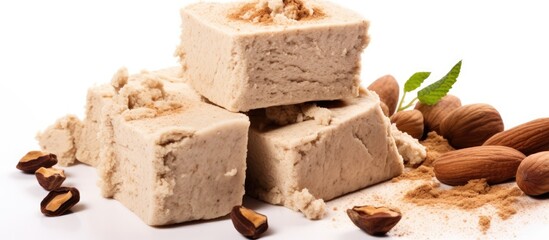 A pile of halva, a sweet confection made from sesame paste and sugar, sits next to a variety of nuts on a white background. The assortment of food items creates a visually appealing composition.