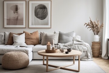 Fototapeta na wymiar Scandinavian Living Room: Neutral Color Palettes, Minimalist Furniture, and Soft Textiles