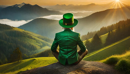 St. Patrick's day celebration background. Leprechaun man in green hat - obrazy, fototapety, plakaty