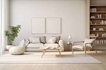 Nordic Design Room: Neutral Color Palettes & Minimalist Furniture Against White Wall Accents