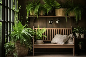 Nordic Entryway Oasis: Fern and Orchid Displays by Wooden Bench