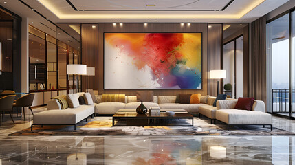 a large modern room is a super modern New York City penthouse, on the wall is a very large vertical blank framed canvas