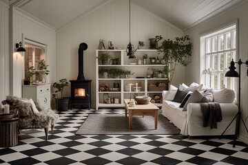 Nordic Charm: Traditional Checkerboard Floors, Pendant Lights, and Cozy Fur Rugs Home Decor
