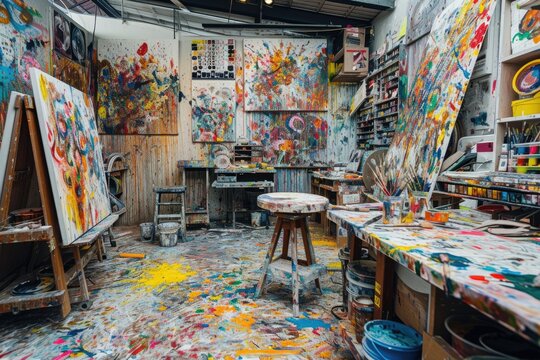 An artist's studio in full creative chaos, paint splattered everywhere, canvases in various stages of completion, vibrant colors clashing and blending. Resplendent.