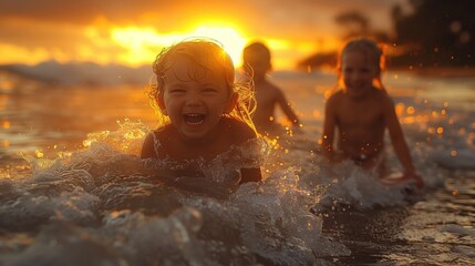 Splashing in the Waves: With squeals of delight, the family with kids runs into the surf, jumping over waves and splashing each other with seawater.  captures the joyous expressions on their faces as 