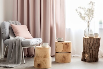 Nordic Interior: Tree Stump Nightstands and Pastel-Colored Drapes