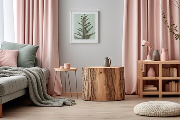 Nordic Interior: Tree Stump Nightstands & Pastel Drapes Harmony