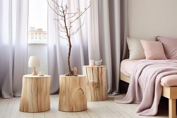 Nordic Tree Stump Nightstands in Pastel-Colored Draped Interior
