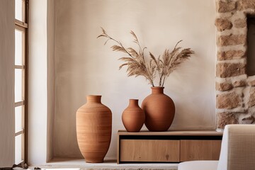 Fototapeta na wymiar Nordic Living Room: Historic Architectural Features, Terracotta Vase, Minimalist Design