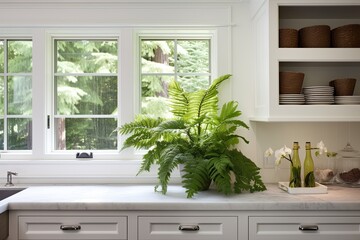Nordic Kitchen: Lush Fern and Orchid Displays with Orchids by White Cabinetry