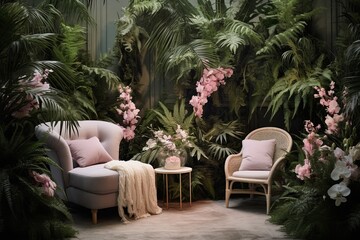 Fototapeta premium Nordic Lounge: Lush Fern and Orchid Display with Pastel-Colored Seating