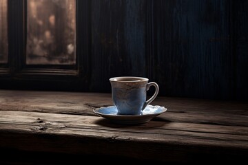 a blue and white teacup on a wooden surface - obrazy, fototapety, plakaty