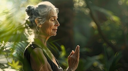 exercise older woman doing yoga - obrazy, fototapety, plakaty