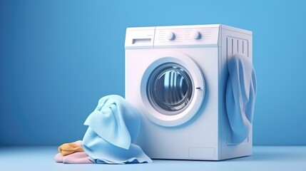 A washing machine against a vivid blue background surrounded by clothes creates a visually engaging and dynamic laundry scene.