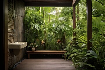 Organic Oasis: Tropical Villa Open-Air Shower with Lush Fern and Orchid Green Walls