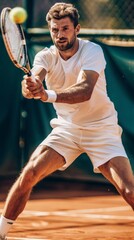 Tennis matches, strong male tennis player hitting a tennis ball with a racket