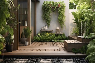 Green Backyard Oasis: Serene Open-Air Shower with Plant Decor and Stepping Stones