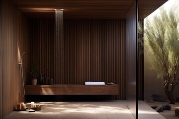 Minimalist Outdoor Shower Paradigm: Open-Air Inspiration with Solid Partitions and Pendant Lighting - obrazy, fototapety, plakaty