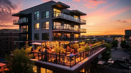 Foto op Plexiglas cityscape evening apartment building © vectorwin