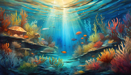 Fototapeta na wymiar Detailed oil painting of beautiful underwater landscape with sea creatures. Marine life. Hand drawn