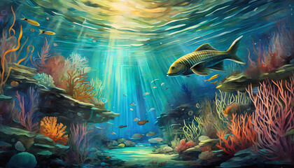 Detailed oil painting of beautiful underwater landscape with sea creatures. Marine life. Hand drawn